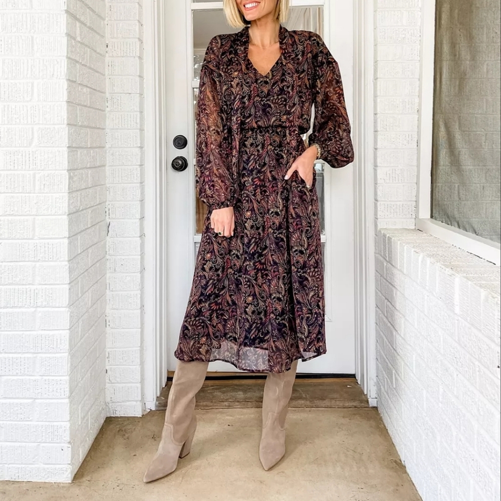 Evereve Paisley Midi Dress in Black and Burgundy